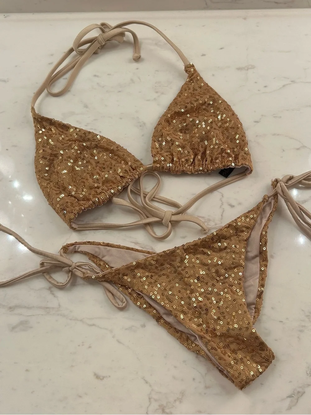 Vintage Y2K Syrup Gold Sequin Triangle Bikini Set